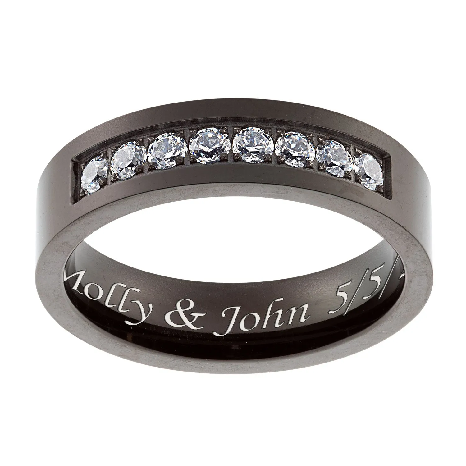 Men's Flat Black Titanium CZ Engraved Message Band sold by Limoges Jewelry