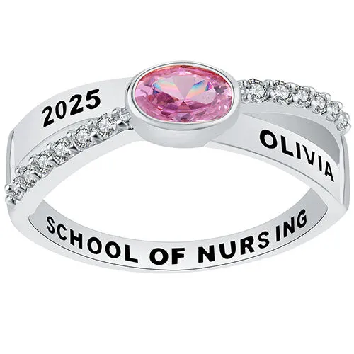 Ladies Platinum Plated Crossover Oval Birthstone Fashion Freestyle Class Ring sold by Limoges Jewelry