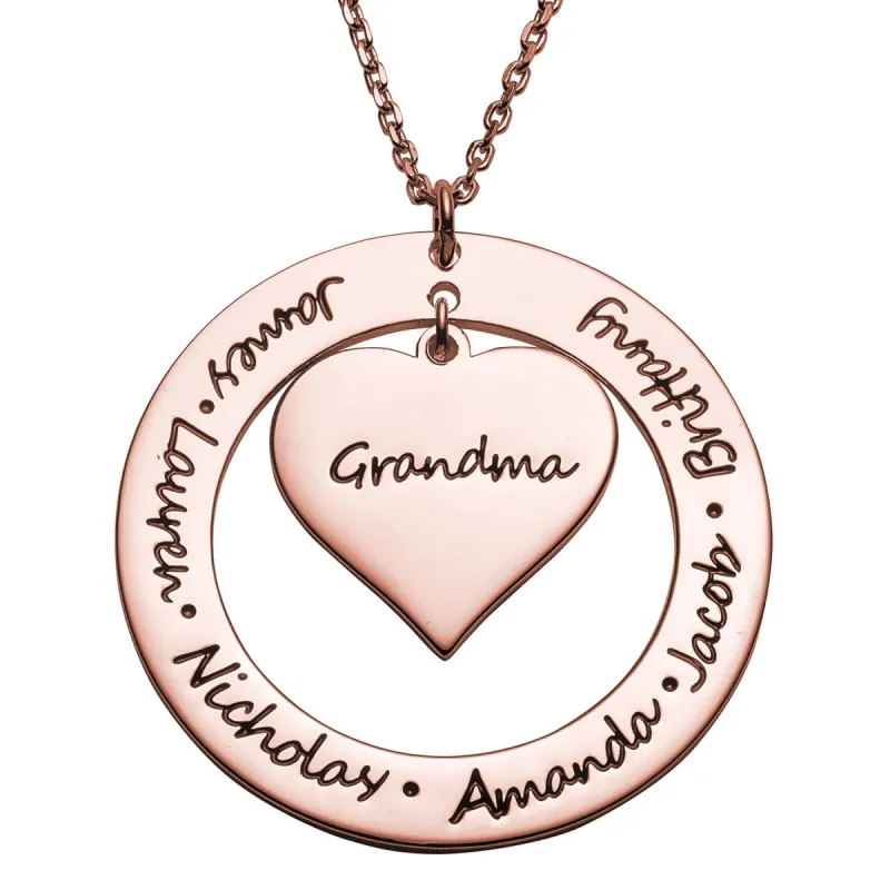 14K Rose Gold over Sterling Engraved Family Name Heart and Circle Necklace sold by Limoges Jewelry