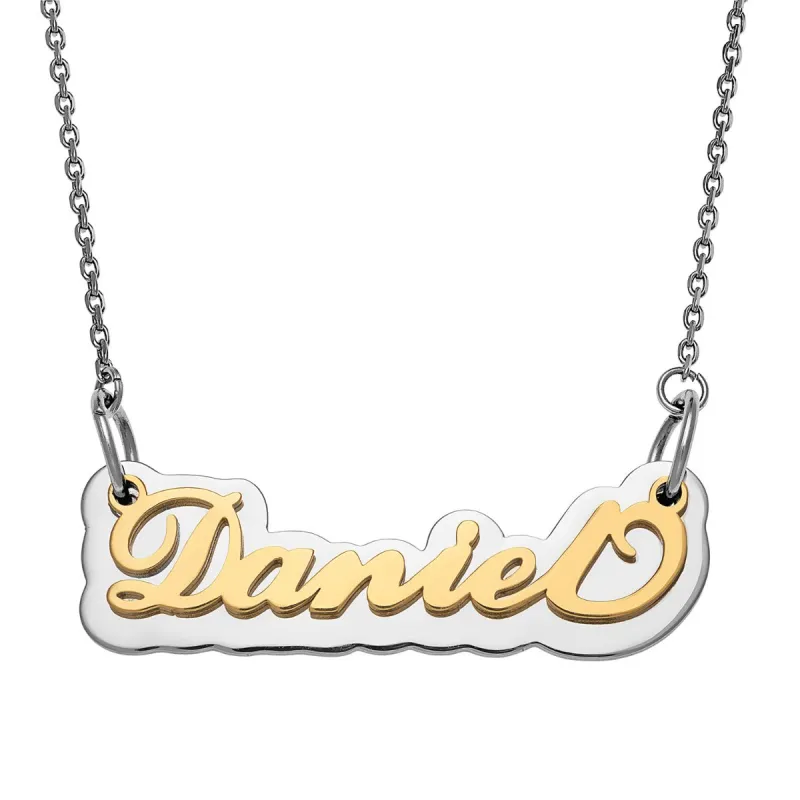 Gold Stainless Steel Name on Mirrored Reflective Plaque Necklace sold by Limoges Jewelry