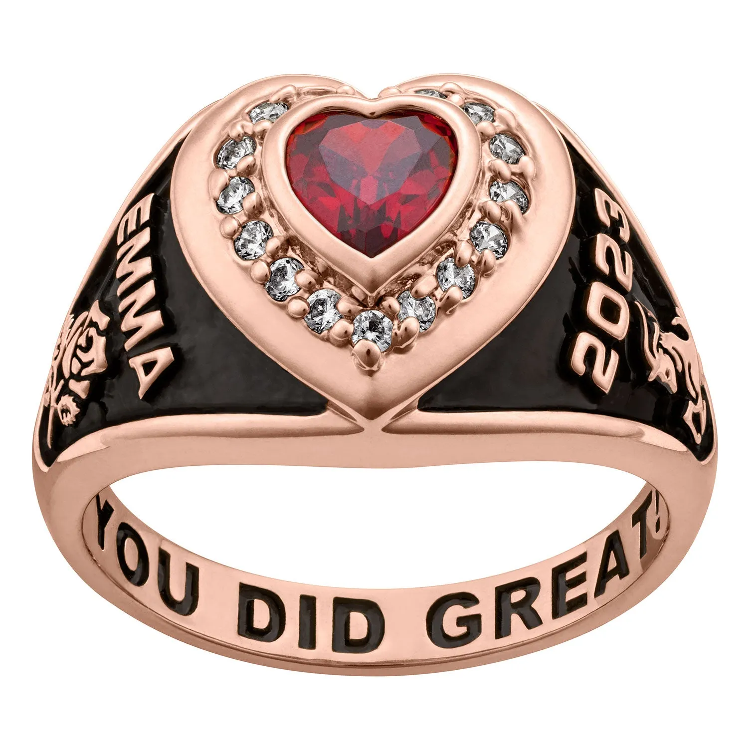 Ladies' 14K Rose Gold over Sterling CZ Heart Class Ring sold by Limoges Jewelry