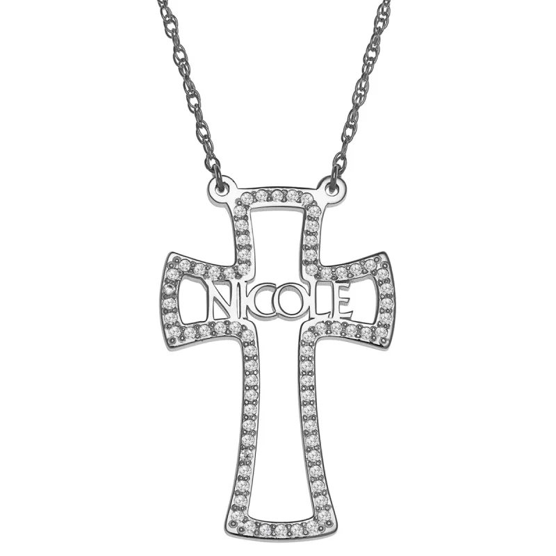 Sterling Silver CZ Cross with Name Necklace sold by Limoges Jewelry