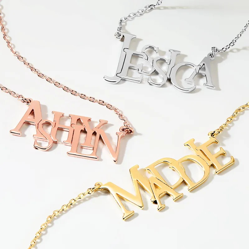 Sterling Silver Uppercase Staggered Name Plaque Necklace sold by Limoges Jewelry
