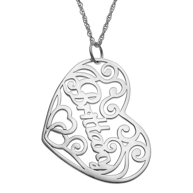 Sterling Silver Name with Filigree Heart Necklace sold by Limoges Jewelry