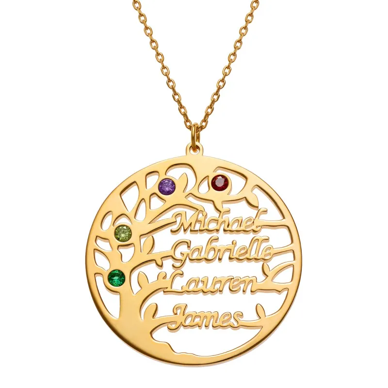 14K Gold Plated Name and Birthstone Family Tree Necklace sold by Limoges Jewelry