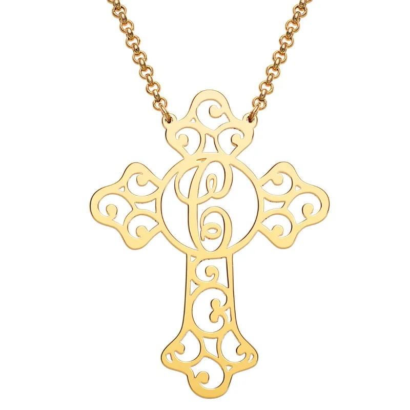 14K Gold Plated Filigree Cross with Initial Necklace sold by Limoges Jewelry