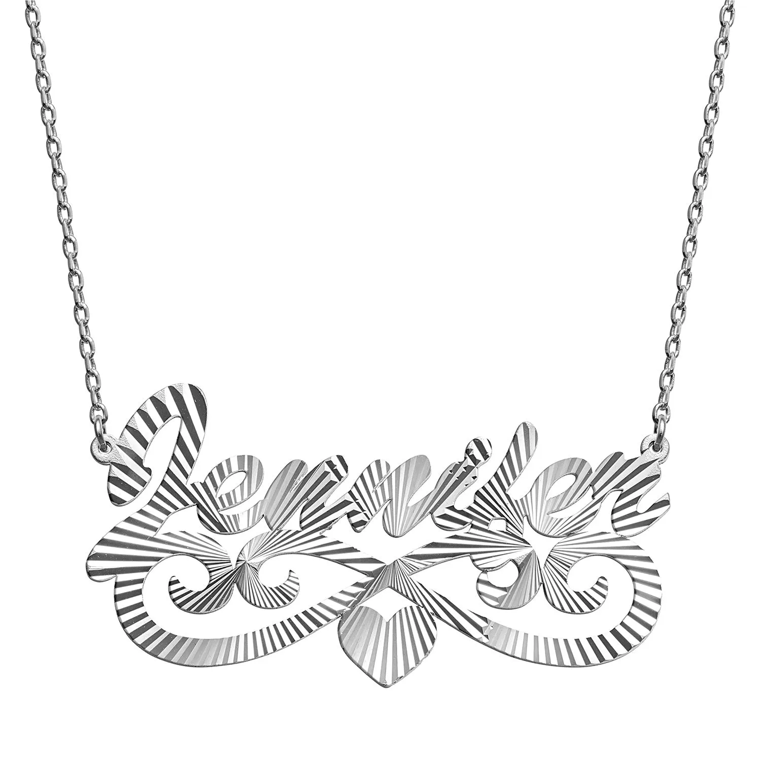 Silver Plated Diamond Cut Script Name Necklace with Heart Swirl sold by Limoges Jewelry