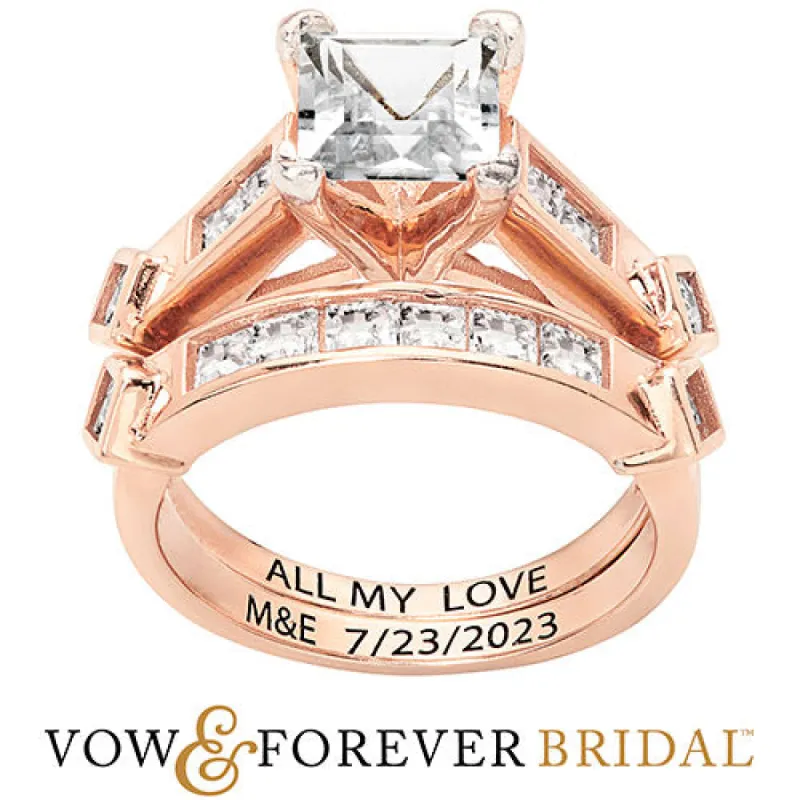 14K Rose Gold over Sterling Square White Topaz 2 Piece Engraved Wedding Set sold by Limoges Jewelry