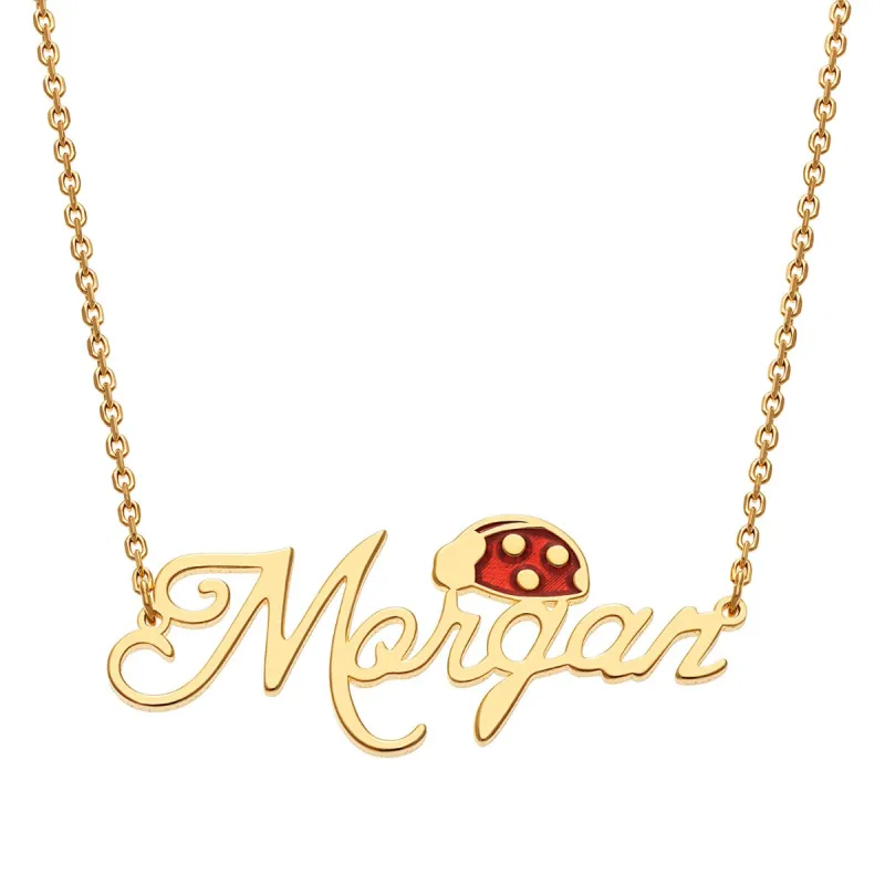 14K Gold Plated Script Name with Enamel Ladybug Necklace sold by Limoges Jewelry