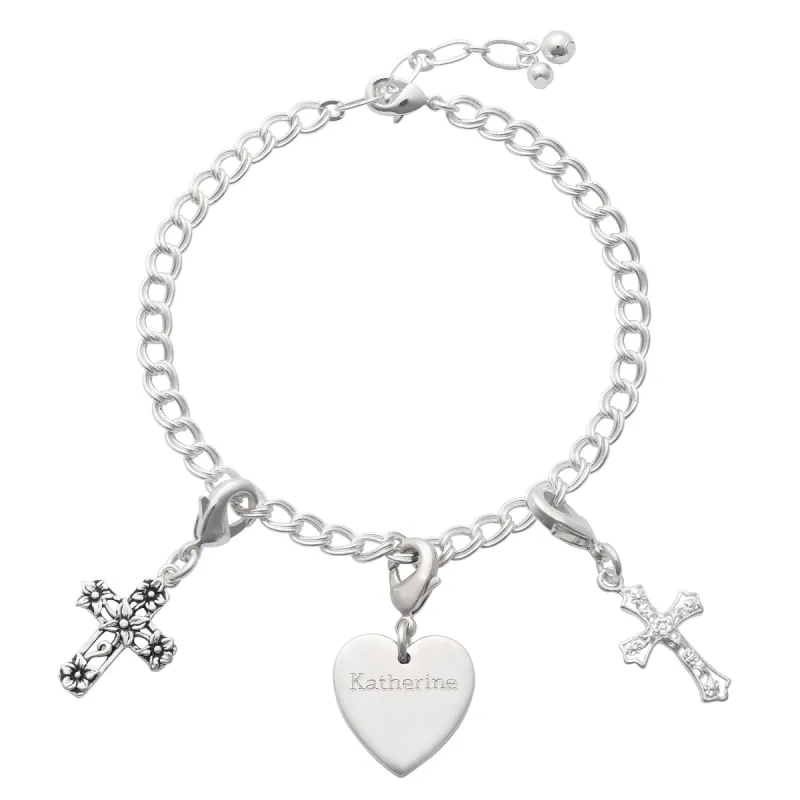 Silver Plated Charm Engraved Heart with Filigree Crosses Bracelet made by Limoges Jewelry