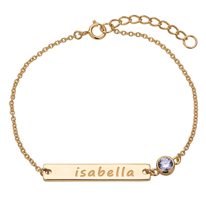 14K Gold over Sterling Engraved Name Bar and Birthstone Bracelet sold by Limoges Jewelry