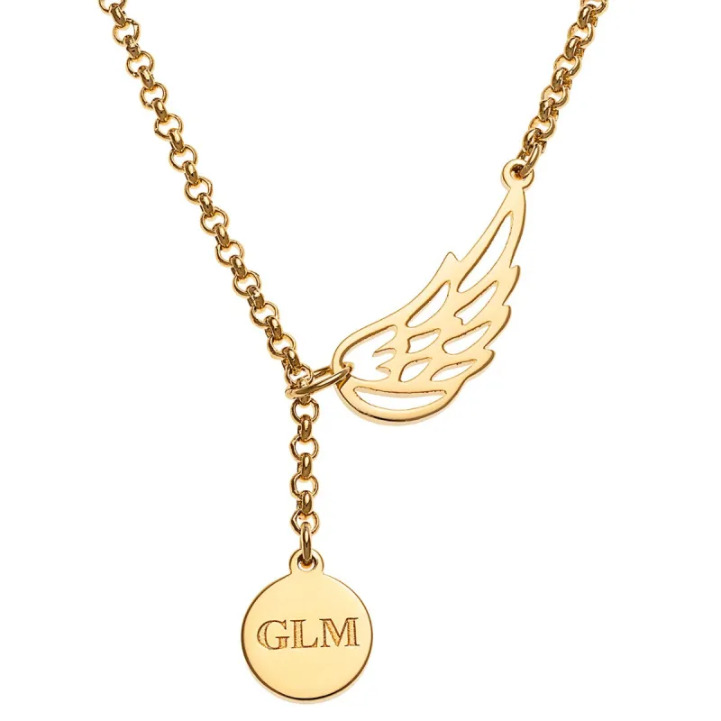 14K Gold Plated Engraved Initials Disc and Angel Wing Y-Necklace sold by Limoges Jewelry