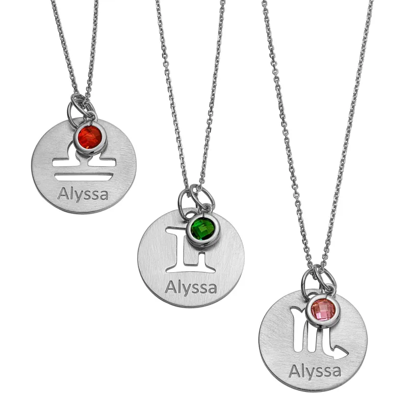 Sterling Silver Engraved Name Zodiac Symbol and Birthstone Necklace sold by Limoges Jewelry
