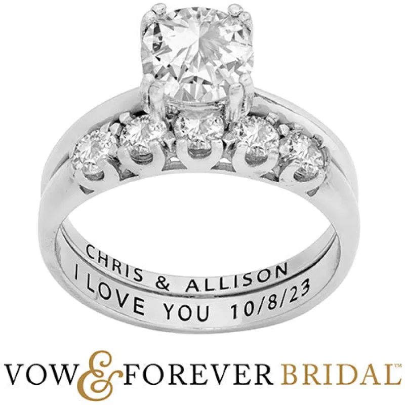 Platinum over Sterling  Round White Topaz 2-Piece Engraved Wedding Ring Set sold by Limoges Jewelry