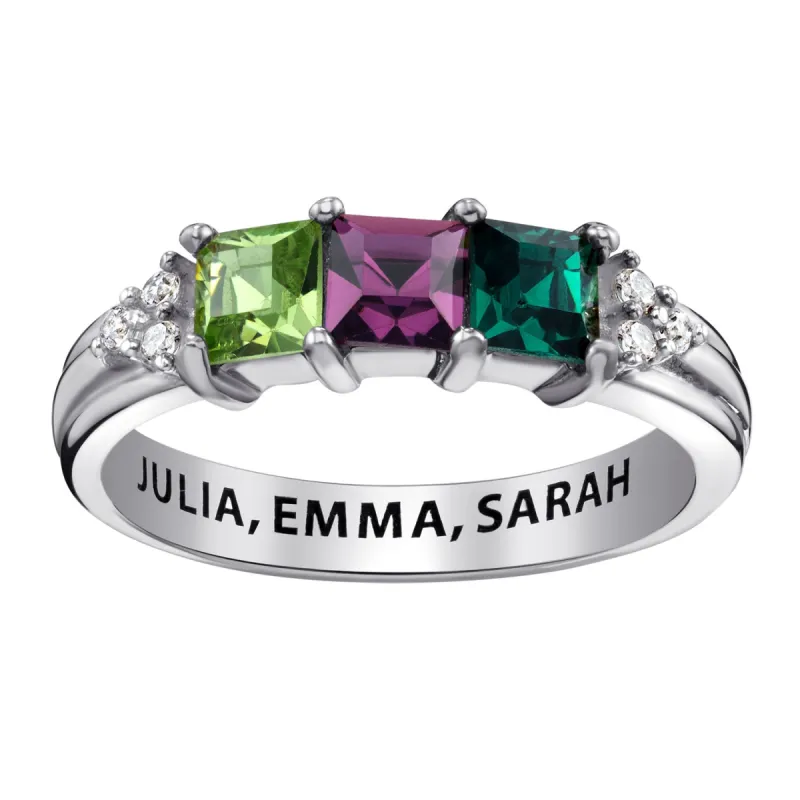 Sterling Silver Mother's Square Birthstone Ring with CZ Accents sold by Limoges Jewelry