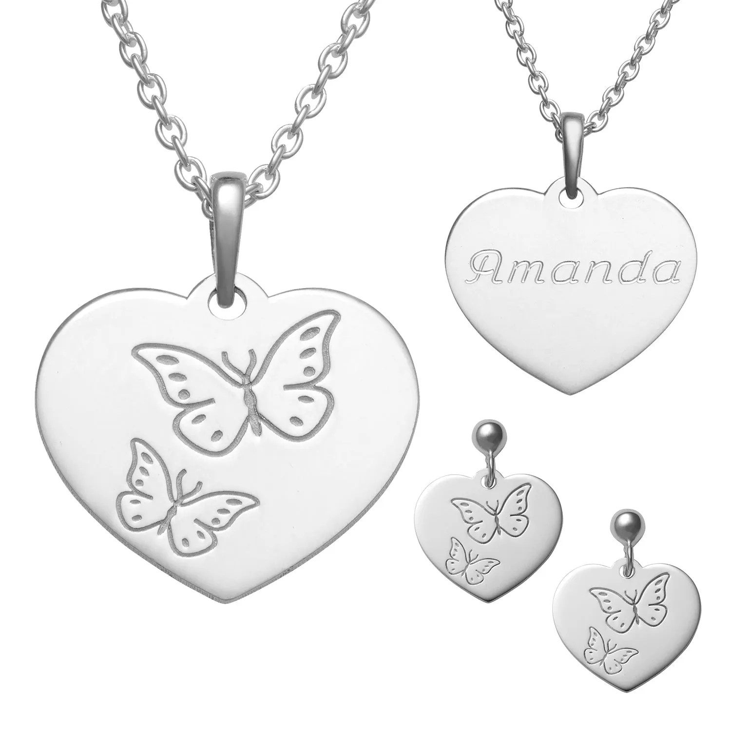 Sterling Silver Butterfly Engraved Name Heart Pendant and Earrings Set sold by Limoges Jewelry