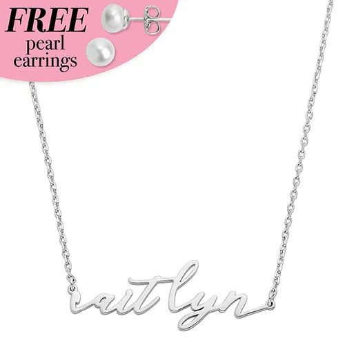 Sterling Silver Lowercase Script Name Plaque with Free Fresh Water Pearl Earrings sold by Limoges Jewelry