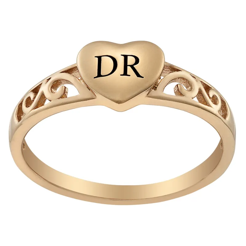 14K Gold over Sterling Initial Heart Swirl Ring sold by Limoges Jewelry