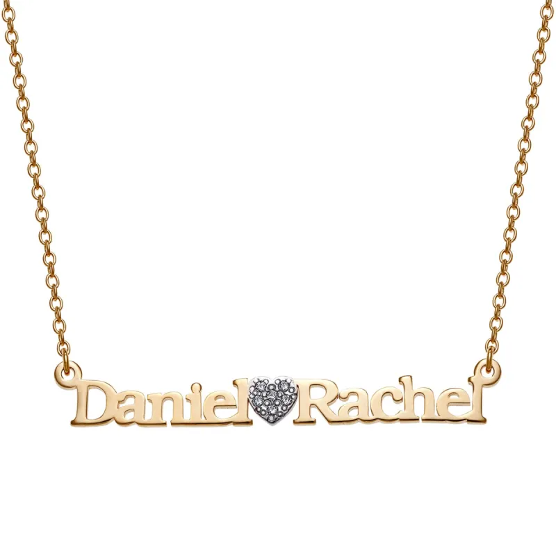 14K Gold over Sterling Couples Name and Pave CZ Heart Necklace sold by Limoges Jewelry