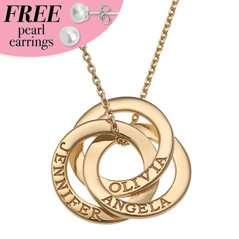 14K Gold Plated Interlocking Rings Engraved Names Necklace made by Limoges Jewelry