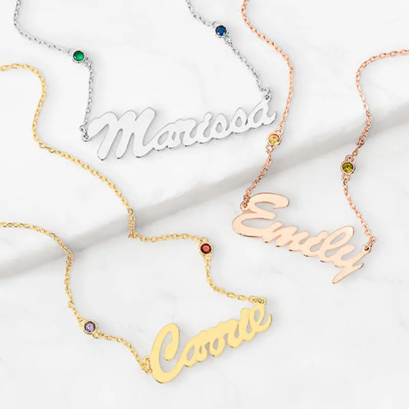 Hollywood Script Name and Birthstone Necklace sold by Limoges Jewelry