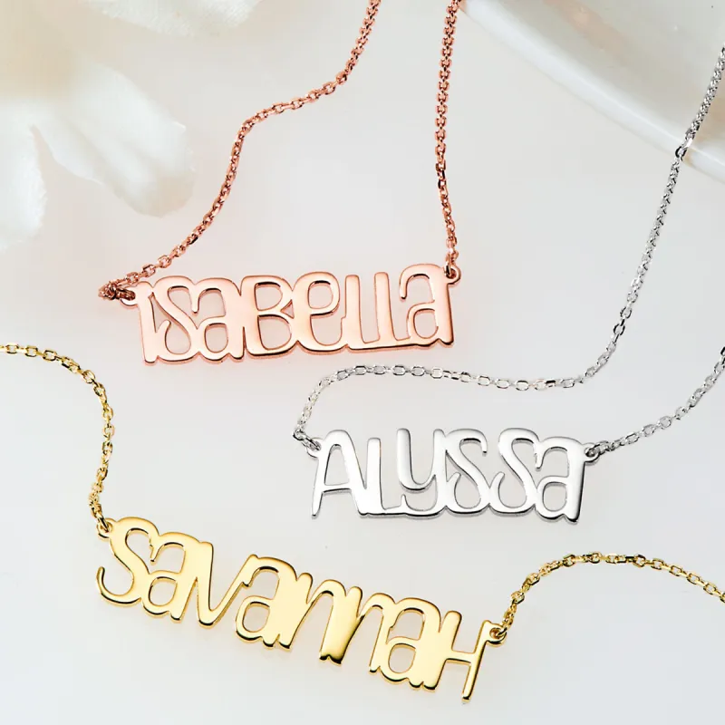 Sterling Silver Playful Font Name Plaque Necklace sold by Limoges Jewelry