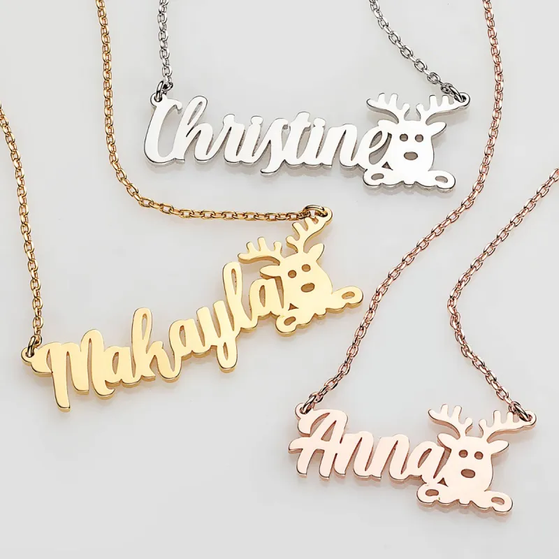 Fancy Script Name with Reindeer Necklace made by Limoges Jewelry
