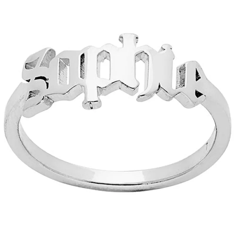 Silver Plated New Old English Cutout Name Ring sold by Limoges Jewelry