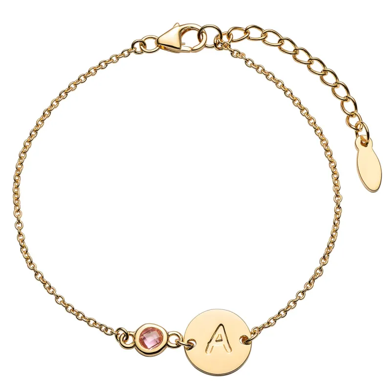 14K Gold over Sterling Engraved Disc and Birthstone Station Bracelet sold by Limoges Jewelry