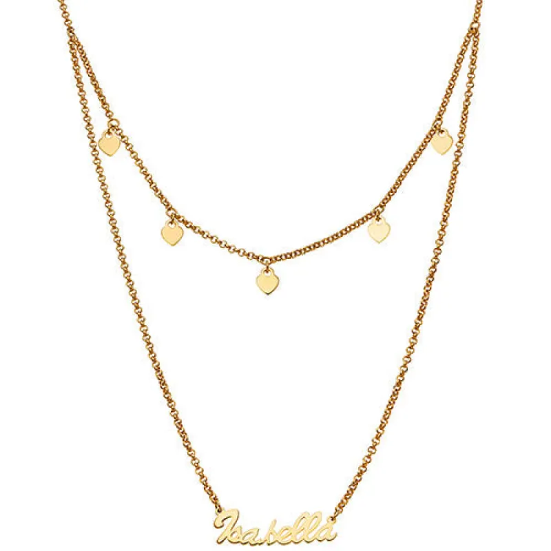 10K Yellow Gold Layered Name Necklace with Heart Charms sold by Limoges Jewelry