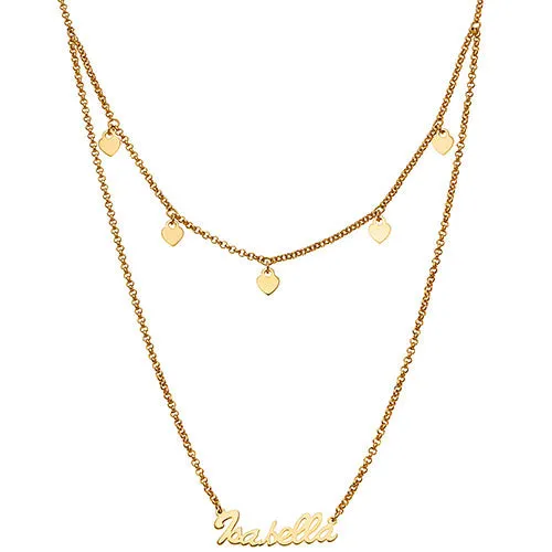10K Yellow Gold Layered Name Necklace with Heart Charms sold by Limoges Jewelry