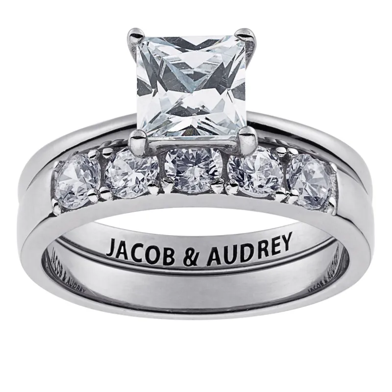 Sterling Silver Square CZ 2 Piece Engraved Wedding Set sold by Limoges Jewelry