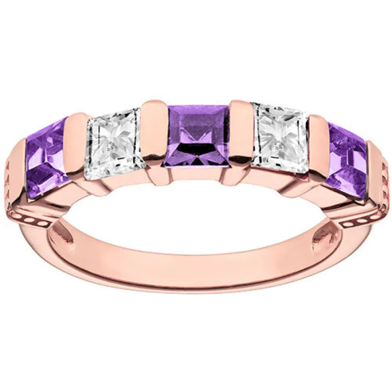 14K Rose Gold Plated Simulated Amethyst and Clear Crystal 5 Stone Ring sold by Limoges Jewelry