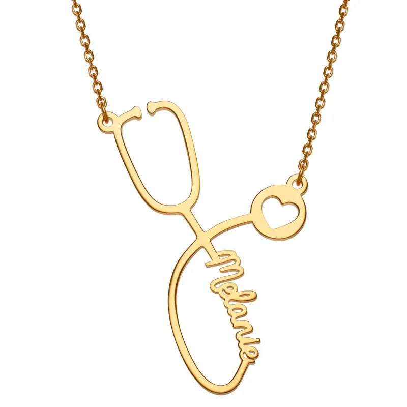 14K Gold over Sterling Script Name Stethoscope with Heart Necklace sold by Limoges Jewelry