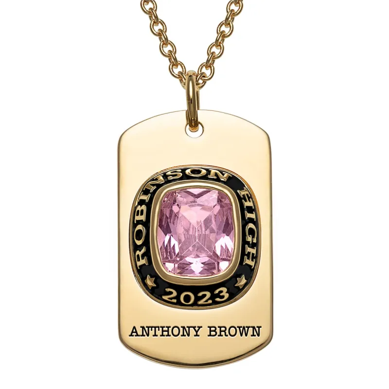 Men's Gold CELEBRIUM  Personalized Cushion Cut Birthstone Graduation Dog Tag Necklace sold by Limoges Jewelry