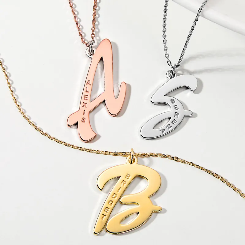 Sterling Silver Retro Script Initial with Engraved Name Necklace sold by Limoges Jewelry