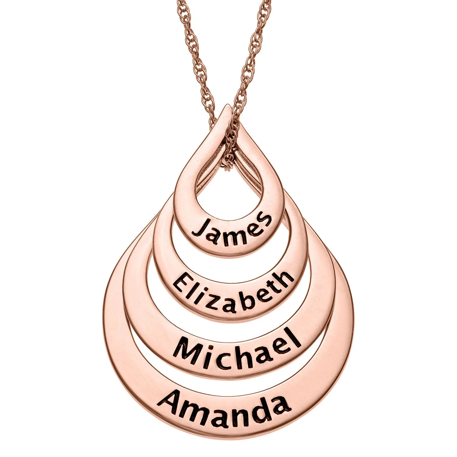 14K Rose Gold over Sterling Nesting Teardrop with Names Necklace - 4 Names sold by Limoges Jewelry