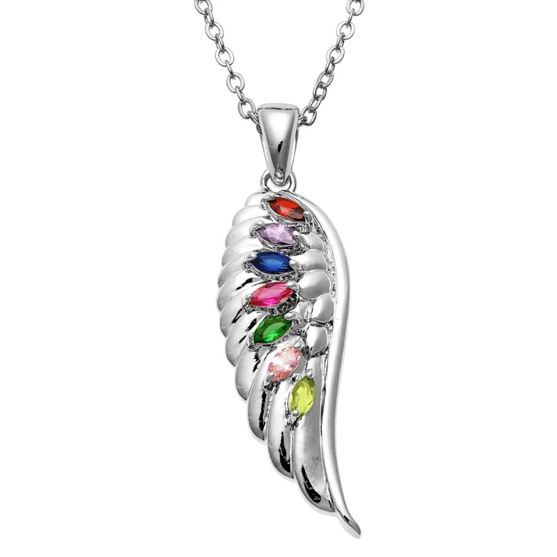 Silver Plated Family Birthstone Angel Wing Necklace sold by Limoges Jewelry