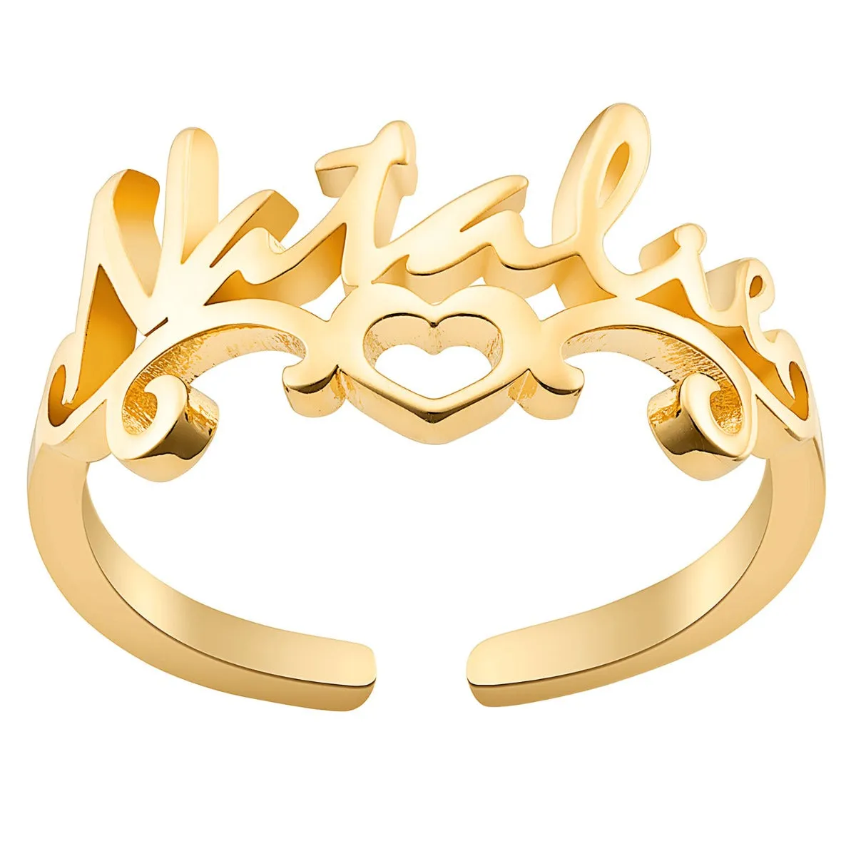 14K Gold Plated Script Name with Heart Scroll Ring sold by Limoges Jewelry