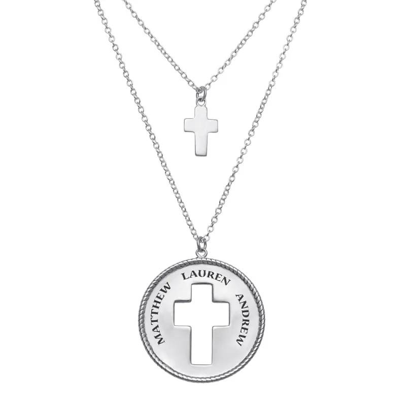 Sterling Silver Engraved Layered Cutout Cross Necklace made by Limoges Jewelry