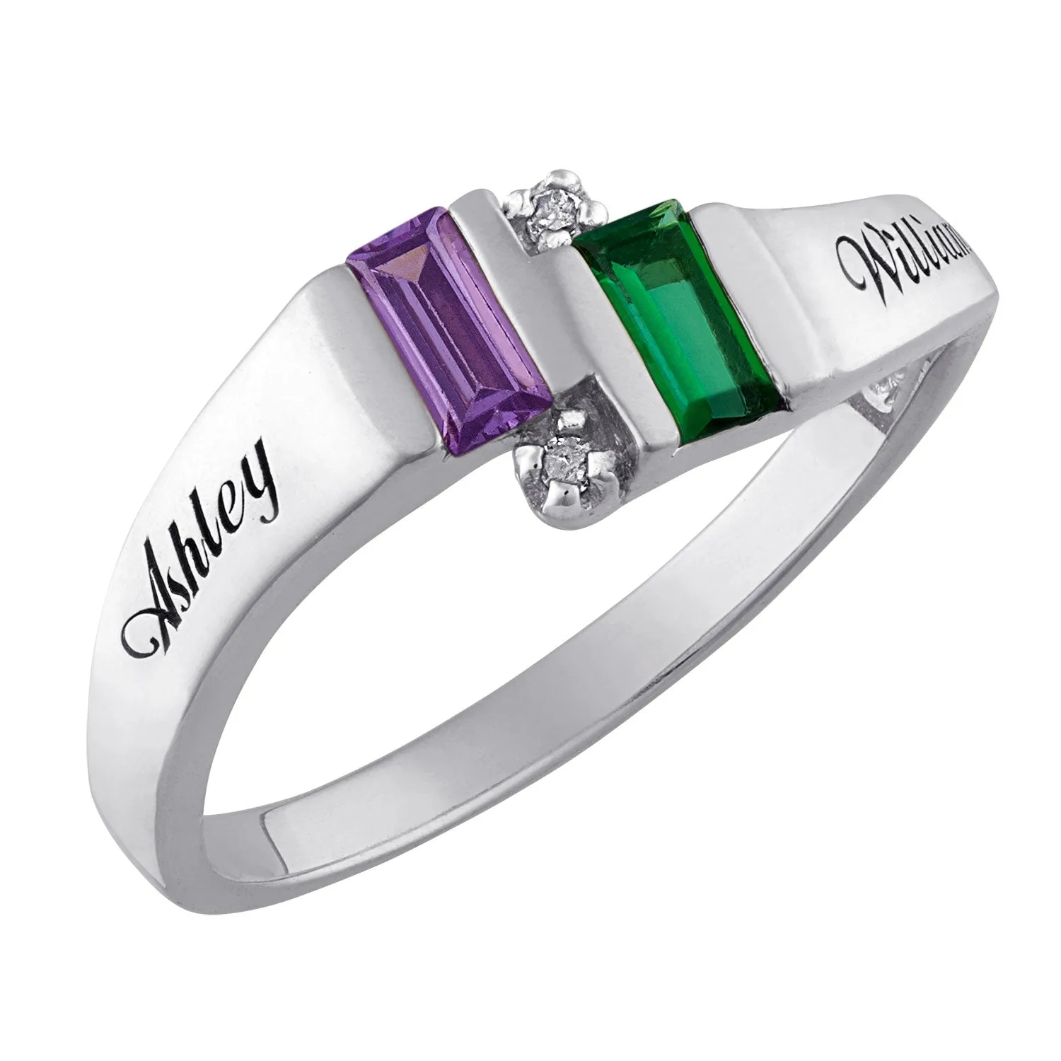 Sterling Silver Couples Emerald-cut Birthstone Name Ring with Diamond Accent sold by Limoges Jewelry product image thumbnail 2