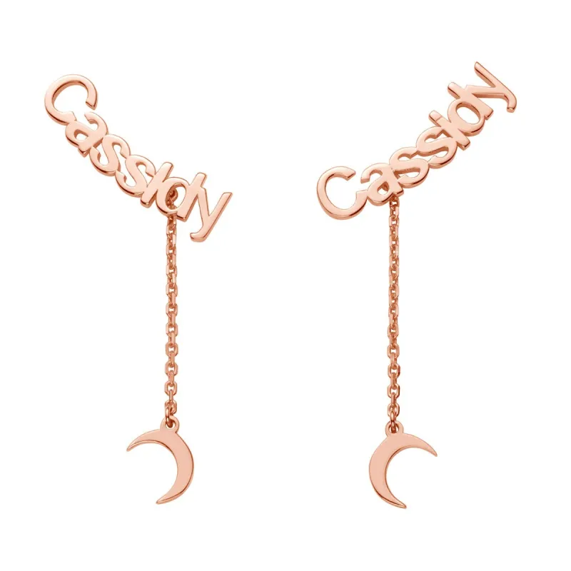 14K Rose Gold over Sterling Name with Moon Charm Dangle Crawler Earrings sold by Limoges Jewelry