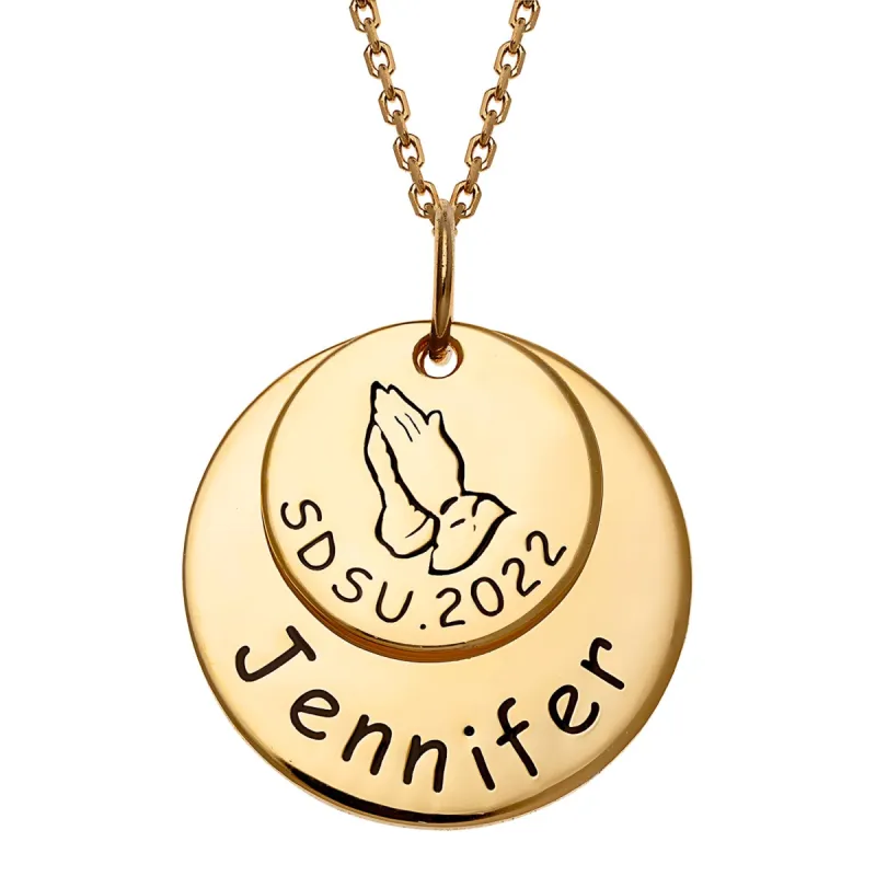 14K Gold over Sterling Graduation Double Disc Necklace with Praying Hands sold by Limoges Jewelry