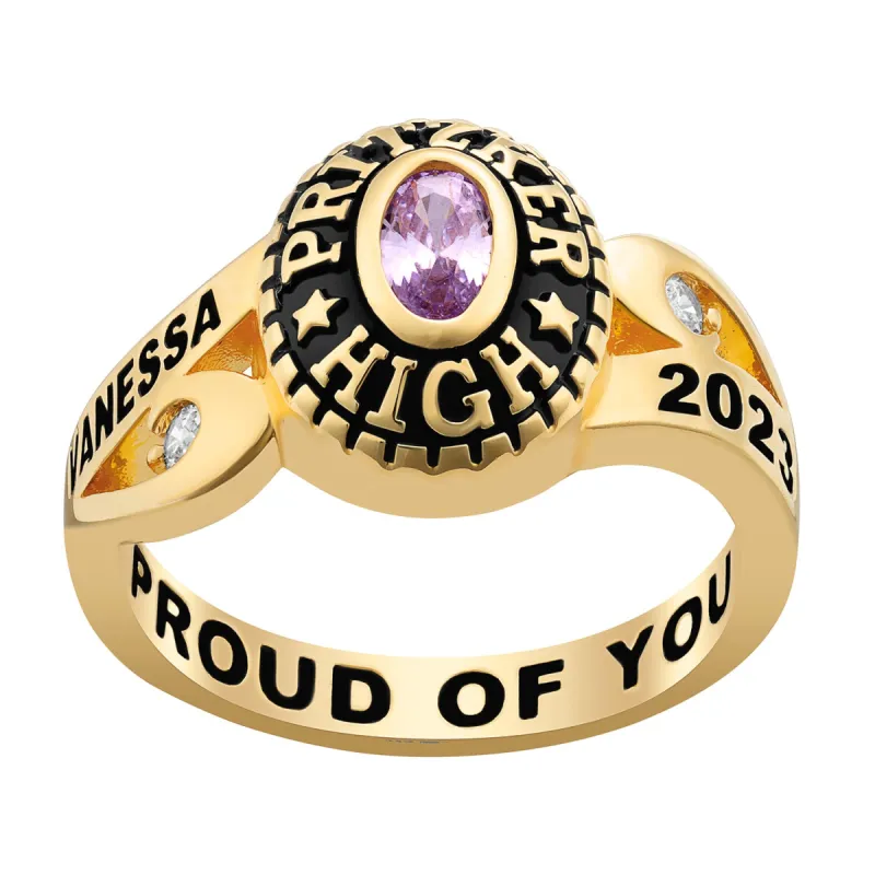 Ladies' 14K Gold Plated Celebrium CZ Scroll Bypass Birthstone Class Ring sold by Limoges Jewelry