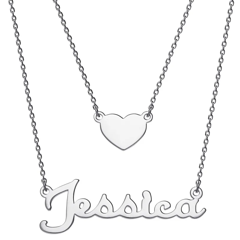 Sterling Silver Script Name and Heart Layered Double Necklace sold by Limoges Jewelry