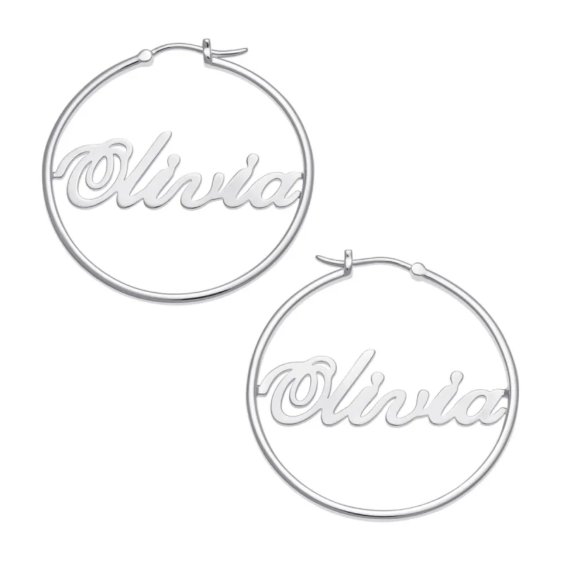 Sterling Silver Name Medium Hoop Earrings sold by Limoges Jewelry
