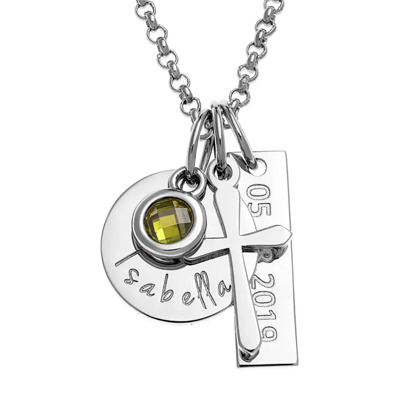 Silver Plated Engraved Name, Date, Birthstone and Cross Cluster Necklace sold by Limoges Jewelry