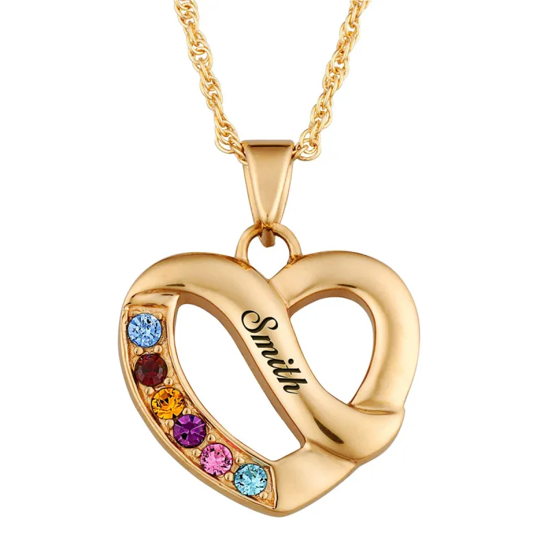 Women's 14K Gold Plated Family Name & Birthstone Heart Necklace sold by Limoges Jewelry