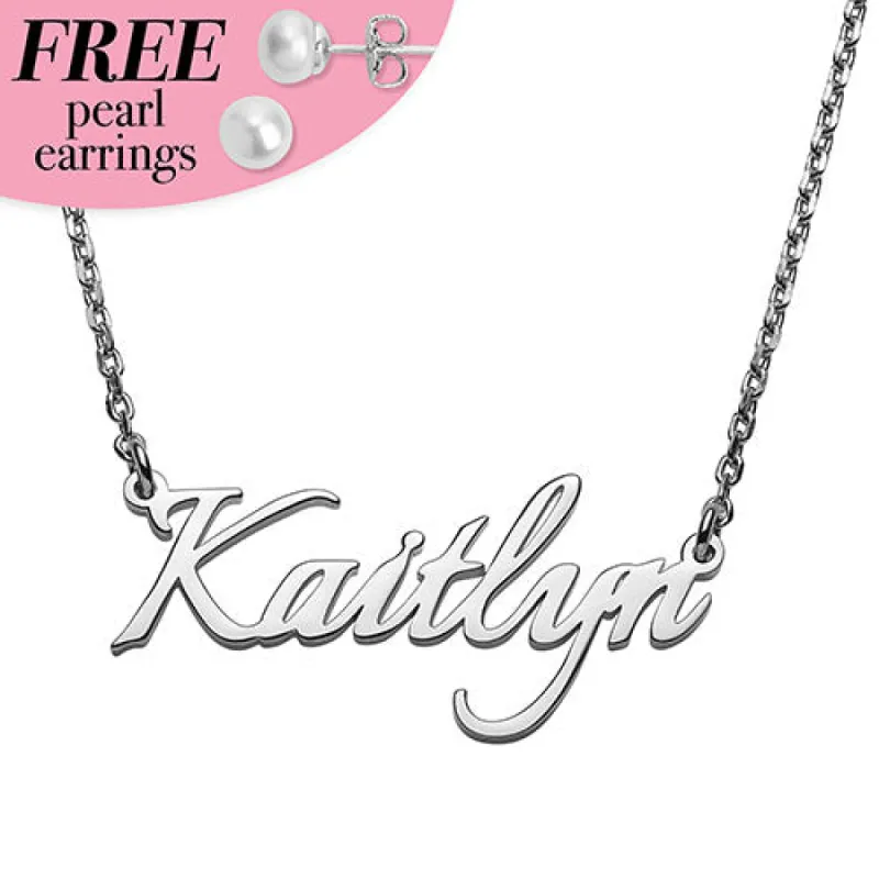 Sterling Silver Fancy Script Name Plaque with Free Fresh Water Pearl Earrings sold by Limoges Jewelry
