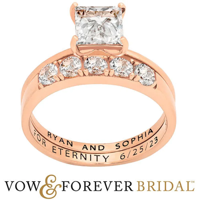 14K Rose Gold over Sterling  Square White Topaz 2-Piece Engraved Wedding Ring Set sold by Limoges Jewelry